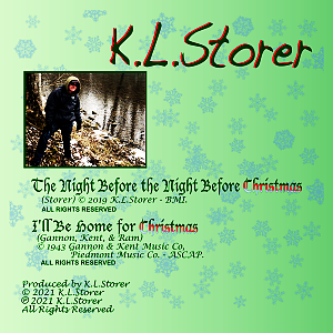 the back cover of the CD single jewel case for "The Night Before the Night Before Christmas," which has photo of K.L. in the winter, standing next to a river. The  featured song is listed, as is the extra track, "I'll Be Home for Christmas."