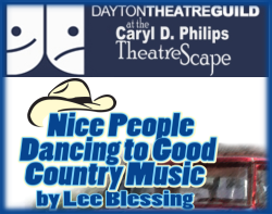NICE PEOPLE DANCING TO GOOD CONTRY MUSIC & Dayton Theatre Guild combined logo.