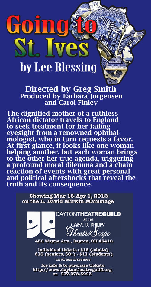 GOING TO ST. IVES by Lee Blessing, at The Dayton Theatre Guild.