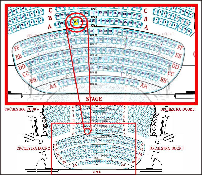 Scvhuster Center Otrchestra Level seating chart, K.L.'s seat is on Row B, Seat number 115'