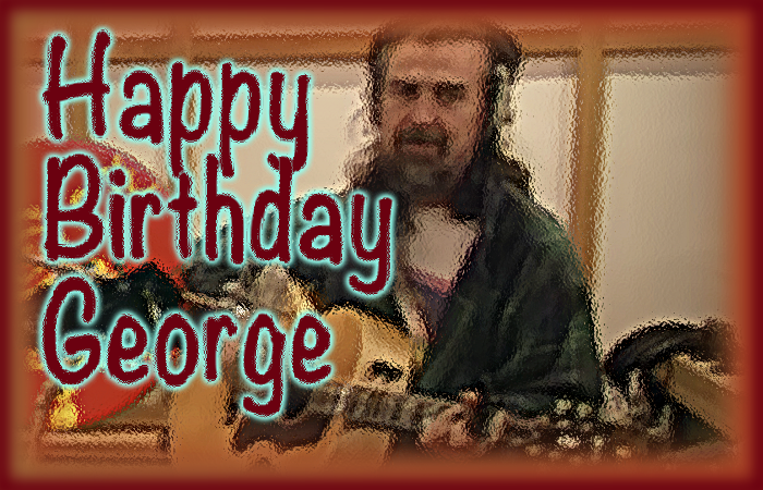 Happy Birthday George - photo of George Harrison playing the accoustic guitar