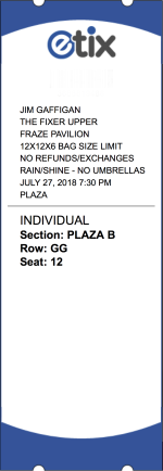 image of ticket to see Jim Gaffigan on July 27, 2018 at the Fraze Pavilion in Kettering, Ohio