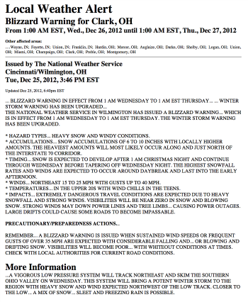 Local Weather Alert. BLIZZARD WARNING IN EFFECT FROM 1 AM WEDNESDAY TO 1 AM EST THURSDAY... ... WINTER STORM WARNING HAS BEEN UPGRADED....