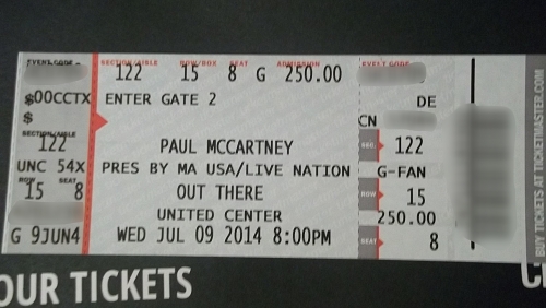 Concert ticket for July 9, 2014 Paul McCartney Out There 2014 concert at the United Center in Chicago, Ill