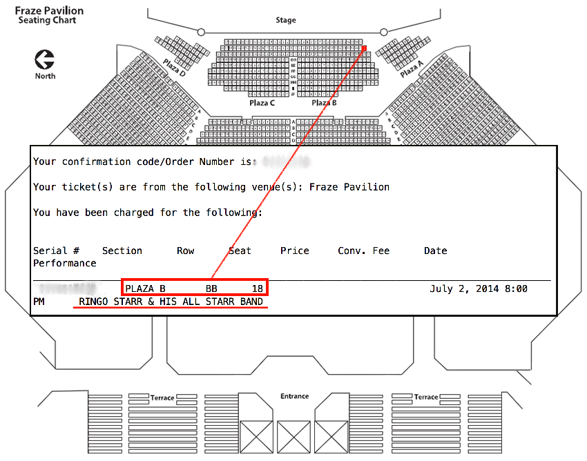 Chart of the Ringo Seat at the Fraze Pavilion showing that seat BB no 18 is the far right seat in the second row from the stage.png