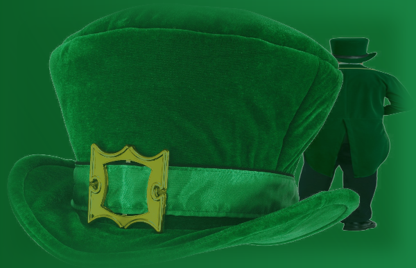 Image of a green irish derby with a small leprechaun, all in green, standing behind the derby, to the right, with his back to us
