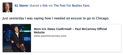 fb post ‐‐ "Just yesterday I was saying how I needed an excuse to go to Chicago.": image of Paul McCartney playing his Hoeffner bass in concert with the text, "More U.S. Dates confirmed."