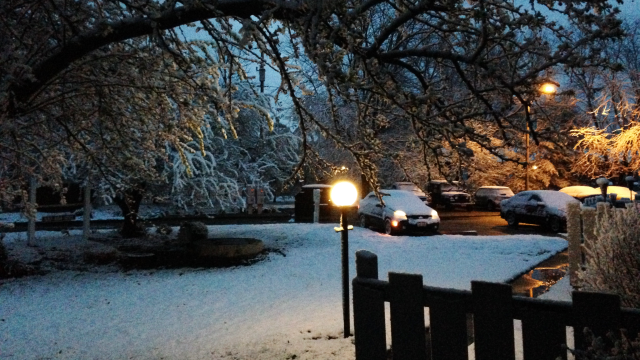 photo POV from the front patio of my apartment, looking at lawn and trees blanketed with snow, and my car, balnket in snow, with the headlights on