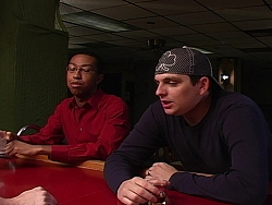 Duante Beddingfield and Craig Roberts on screen in test shoot vignette for the improv movie project, workshop title - BAR FLYING