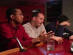 Duante Beddingfield, Brett Taylor and Craig Roberts on screen in test shoot vignette for the improv movie project, workshop title - BAR FLYING