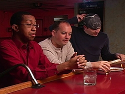 Duante Beddingfield, Brett Taylor and Craig Roberts on screen in test shoot vignette for the improv movie project, workshop title - BAR FLYING