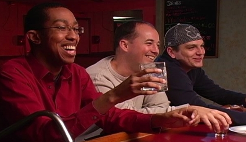Duante Beddingfield, Brett Taylor and Craig Roberts on screen in test shoot vignette for the improv movie project, workshop title - BAR FLYING